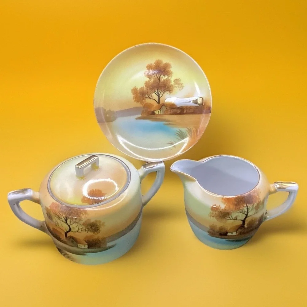 3 Pc Set Vintage Noritake Creamer Pitcher and Lemon Plate Hand Painted-Japan‎